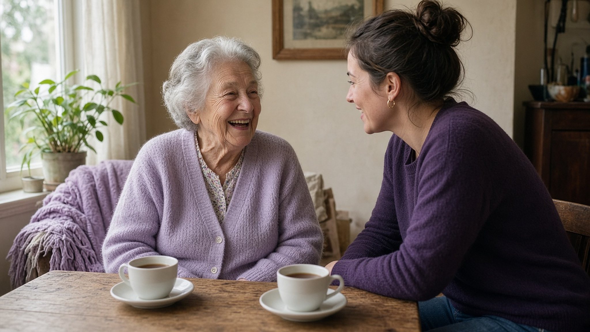Een oudere vrouw en een begeleider lachen samen aan de keukentafel bij een kop thee.
